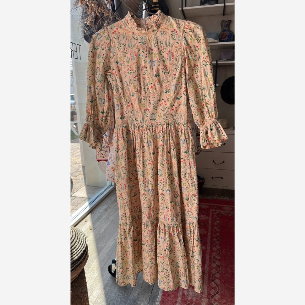 Meadows Floral Print High Neck Puff Sleeve Ruffle Trim Mid Dress Pink Size 2